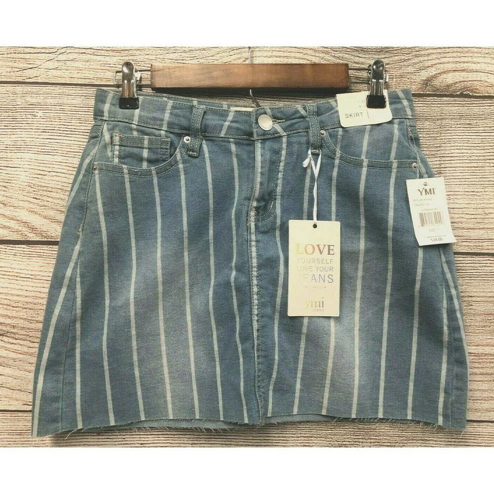 YMI Jean Skirt Junior Womens Size 1/25 Blue Striped Stretch Jean Denim Skirt New